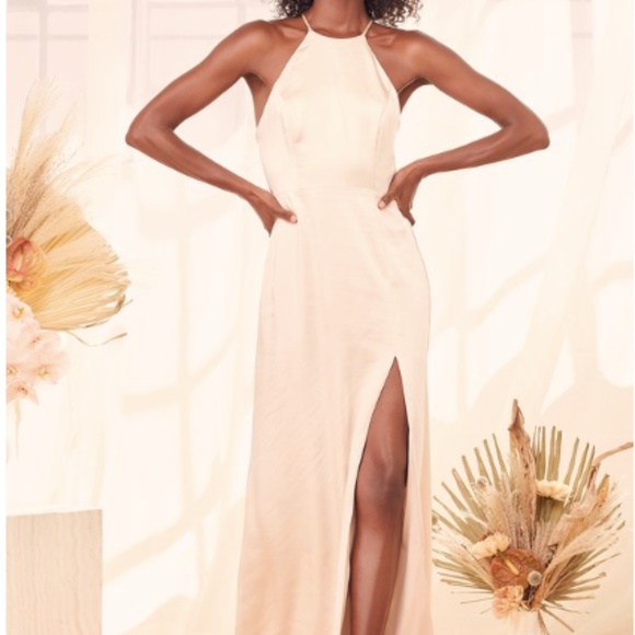 "Make it Elegant" Champagne Satin Strappy Maxi Dress from Lulus - Picture 1 of 6